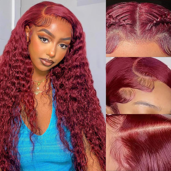 MOON HAIR 13×4&13×6 Lace Frontal Water Wave 99j# Burgundy Human Hair Human Wig
