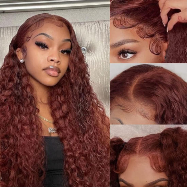 MOONHAIR Reddish Brown Colored Water Wave Human Hair 13x4 Lace Frontal Glueless Wigs Human Hair Front Wigs Luxurious Customization