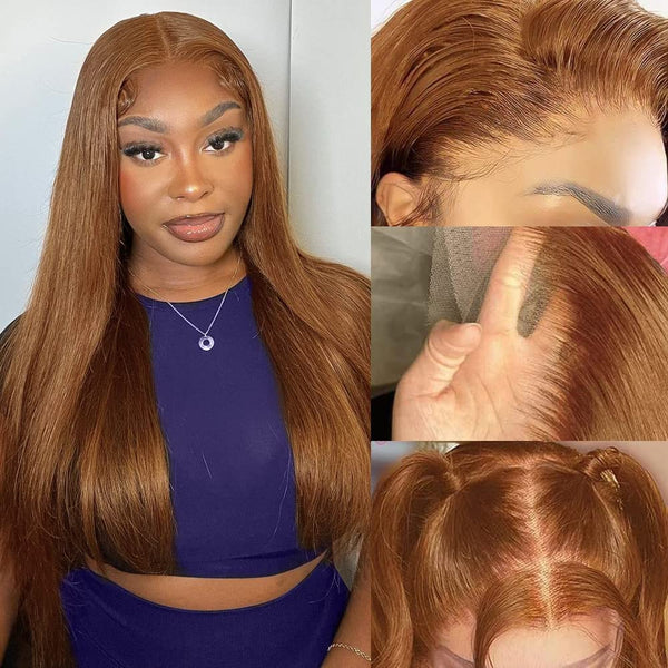 MOONHAIR 30# Light Brown Striaght Wave Wigs Pre-plucked Colored Human Hair Lace Front Wigs 100% Human Hair