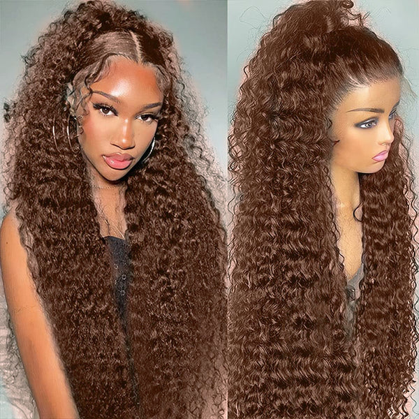 MOONHAIR 4# Chestnut Brown Kinky Wave Lace Full Frontal Wig 100% Human Hair