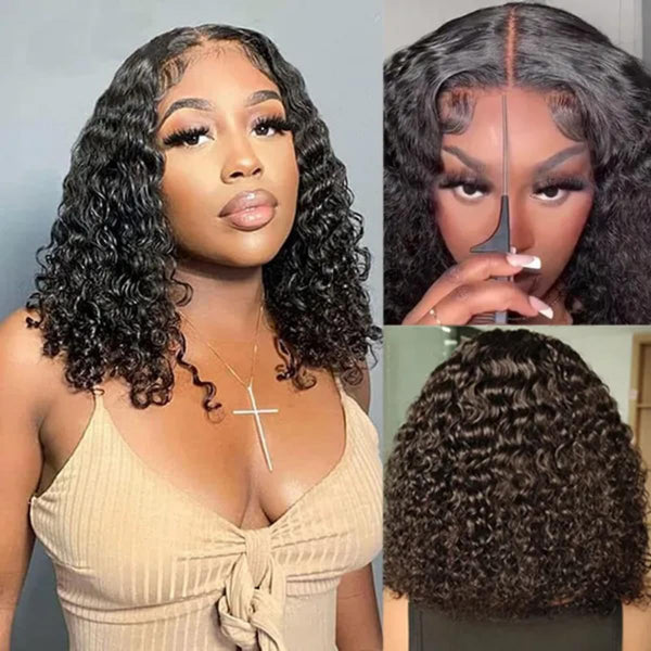 MOONHAIR Glueless Bob Black Water Wave Wigs Wear and Go Lace Front Wig 100% Human Hair