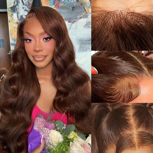 MOONHAIR 4# Chestnut Brown Body Wave Lace Full Frontal Wig 100% Human Hair