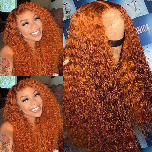 MOONHAIR Ginger Deep Wave Lace Full Frontal Transparent Lace Wig 100% Human Hair