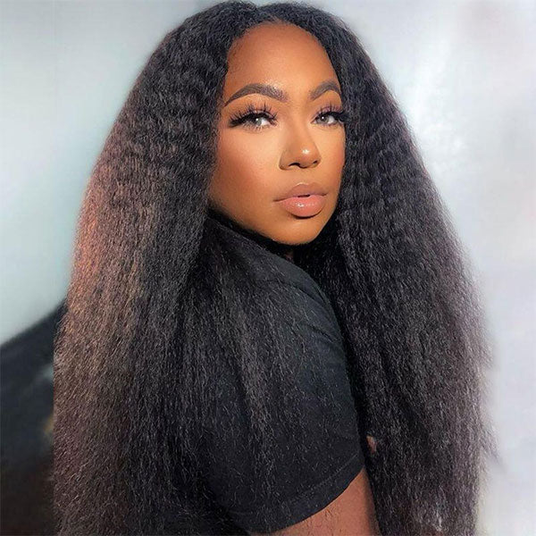 MOONHAIR Kinky Straight 13x6 HD invisible & Transparent Lace Front Wig Black Hair With Natural Hairline