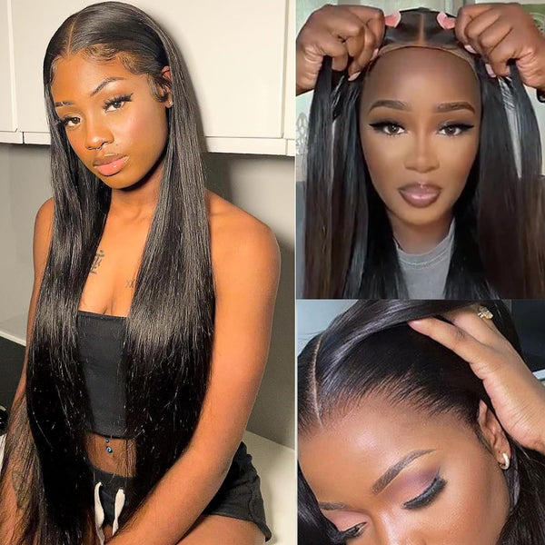 MOONHAIR Black Straight Wave Wear and Go Glueless Wigs Lace Front Wig Closure Wig 100% Human Hair