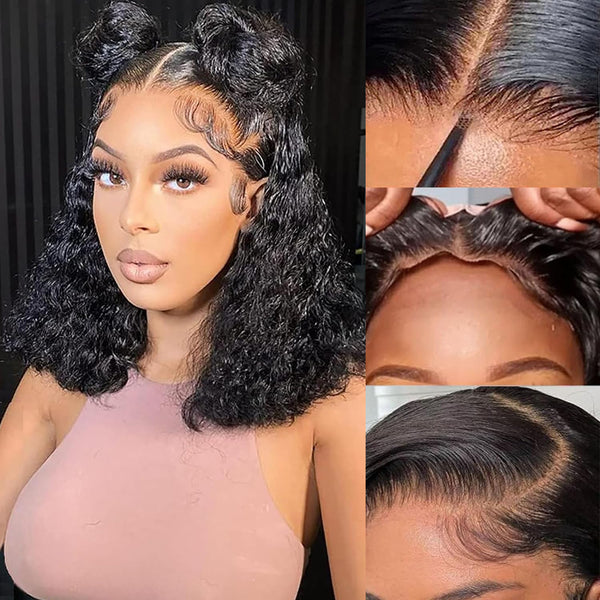 MOONHAIR Glueless Bob Black Deep Wave Wigs Wear and Go Lace Front Wig 100% Human Hair