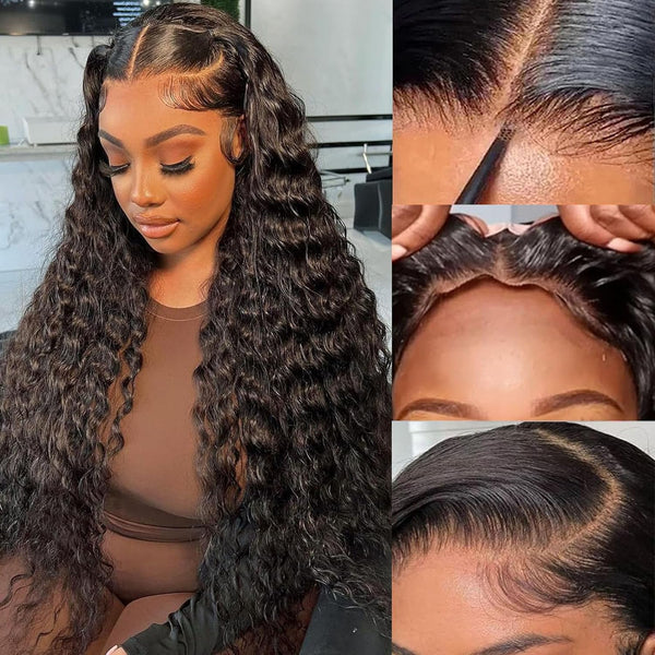 MOONHAIR Deep Wave Wear and Go Glueless Natural Black Wigs Lace Front Wig Closure Wig 100% Human Hair
