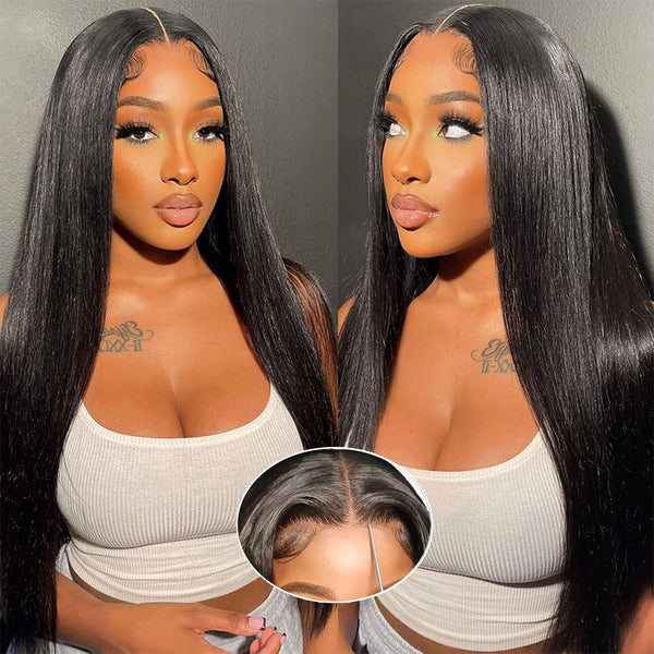 MOONHAIR Black Straight Wave Wear and Go Glueless Wigs Lace Front Wig 100% Human Hair