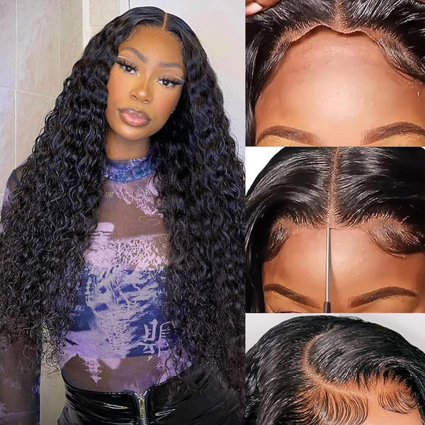 MOONHAIR Black Water Wave Wear and Go Glueless Wigs Lace Front Wig Closure Wig 100% Human Hair