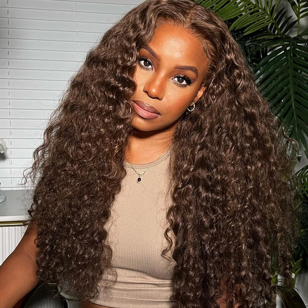 MOONHAIR 4# Chestnut Brown Water Wave Lace Full Frontal Wig 100% Human Hair
