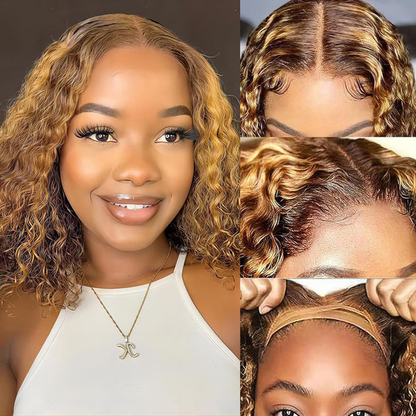 MOONHAIR Glueless Bob Highlight Water Wave Wigs Wear and Go Lace Front Wig 100% Human Hair