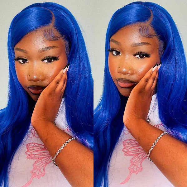 Blue Wig 13x4 13x6 Transparent Lace Frontal Wig Bone Straight Wig Human Hair Luxurious Customization