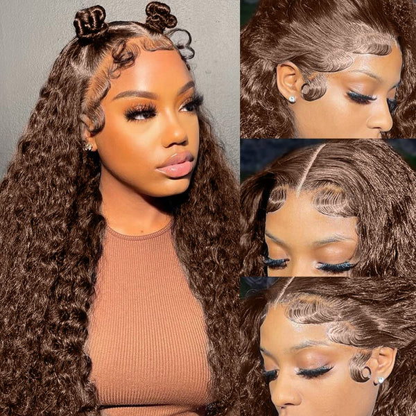 MOONHAIR 4# Chestnut Brown Kinky Culy Wave Lace Frontal Wig 100% Human Hair