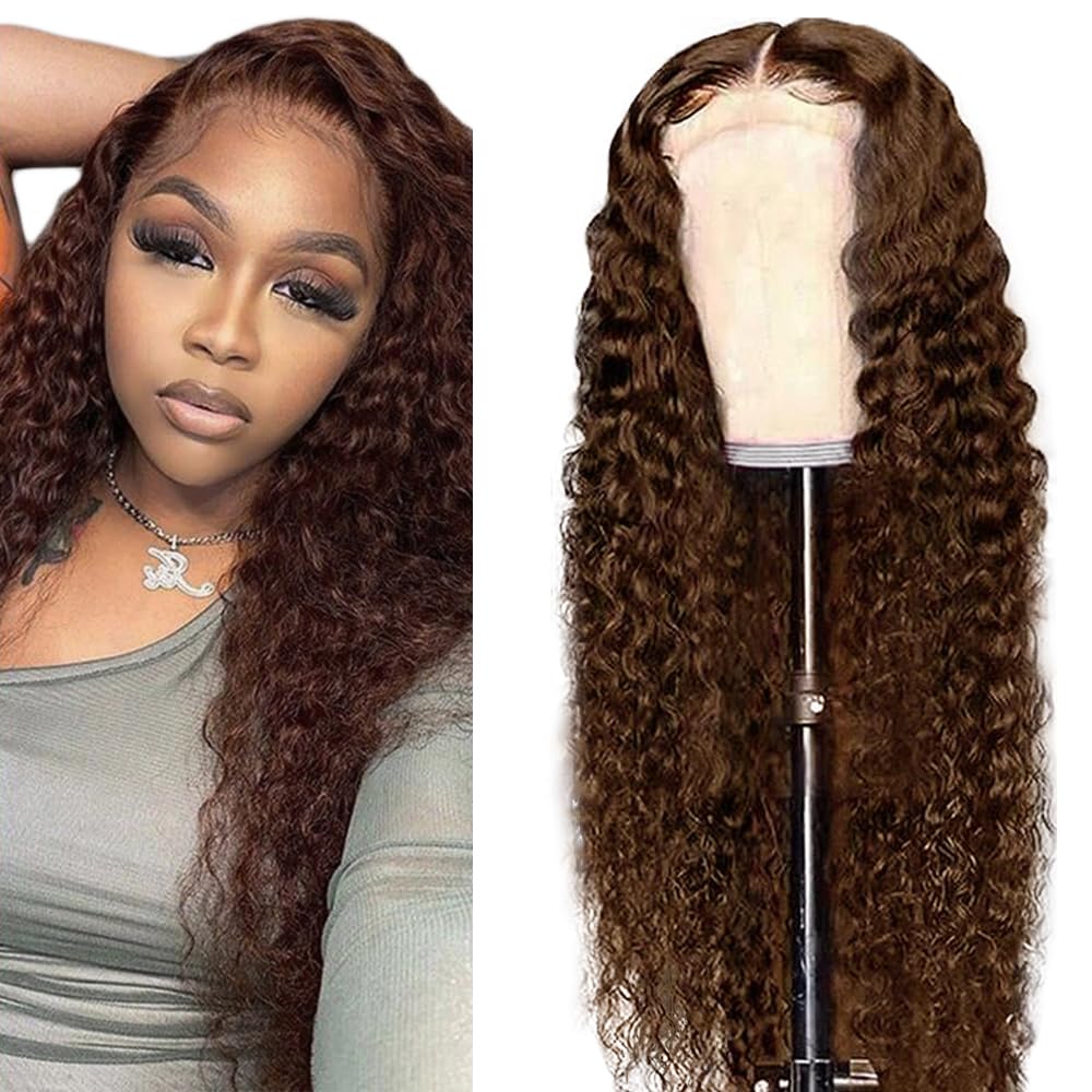 MOONHAIR 4# Chestnut Brown Natural Wave Lace Full Frontal Wig 100% Hum ...