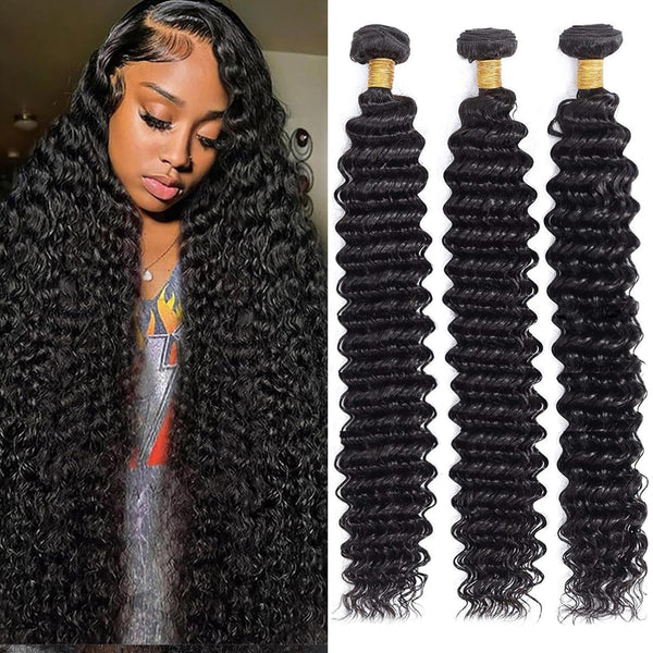 Moonhair Deep Wave 3Bundles  Human Hair With  Lace Frontal Closure