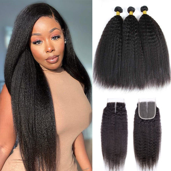 Moonhair 3 Bundles with Closure 12A 100% Human Hair Kinky Straight Human Hair