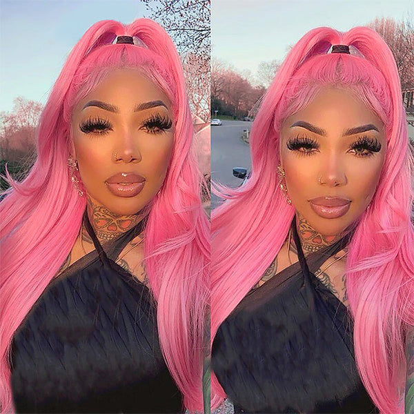 MOONHAIR Pink Straight Lace Full Front Closure Wigs Human Hair Custom Colors