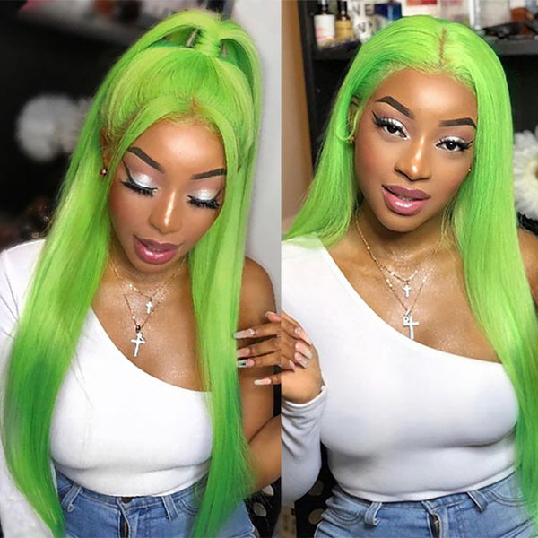 MOONHAIR Green Straight Lace Front Wig Human Hair Colored Wig Luxurious Customization